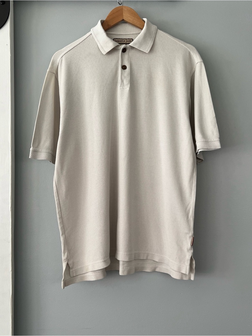 Jamaica Jaxx Polo Shirt Men’s Medium Ivory Silk Cotton Textured Palm Tree Button